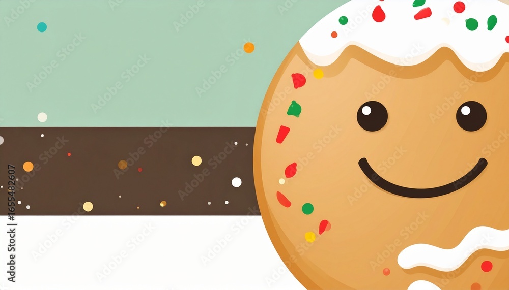 Fototapeta premium A cheerful gingerbread cookie with a friendly face, decorated with festive sprinkles and icing, set against a muted color palette.