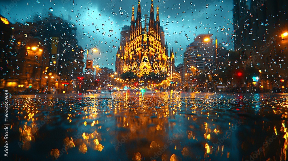 Obraz premium Rainy Night View of Gothic Cathedral with City Lights Reflections