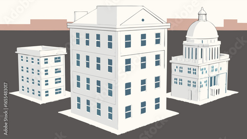 Three stylized white buildings apartment office and domed structure.