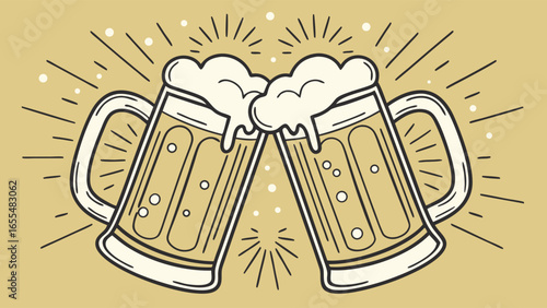 Two Beer Mugs Clinking with Foam and Bubbles Celebration Illustration.