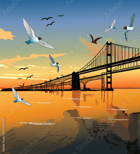 Atmosphere of the Chesapeake Bay Bridge at sunset illustration