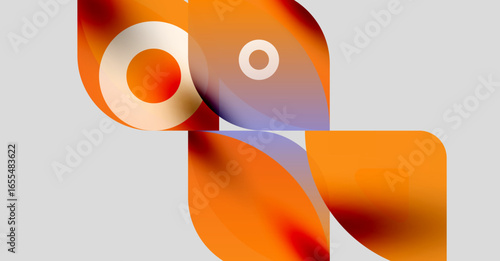 Abstract shapes, orange hues dominate. Overlapping forms create dynamic composition. Minimalist design, modern aesthetic, light background.