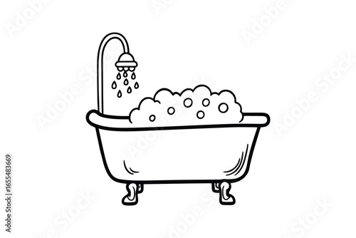 Hand drawn silhouette of a bathtub filled with bubbles isolated on white background