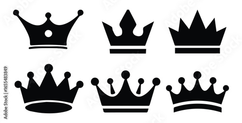 Six black silhouette crown icons on white background royal monarchy
