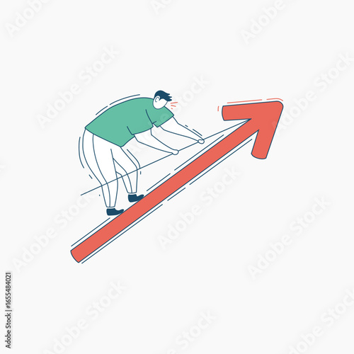 Man Pushing Upwards Red Arrow, Concept of Growth and Success