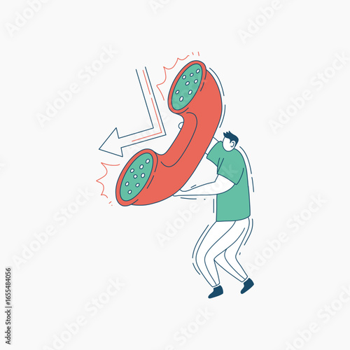 Man Struggling to Hold a Large Red Phone Receiver