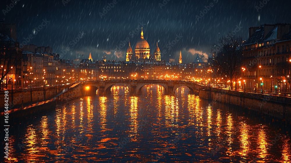 Obraz premium Nighttime View of City with Lights and Reflections on Water Surface