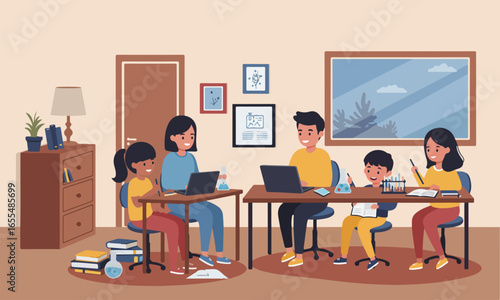 Illustration Of Parents Guiding Kids To Read And Write Suitable For Education, Parenting, And Lifestyle Projects