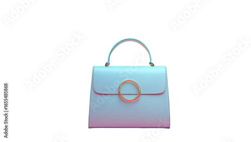Light-blue handbag with gold ring detail, rendered in 3D