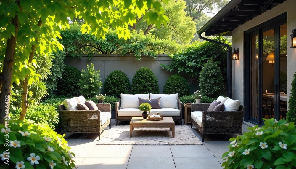 Fototapeta premium Serene garden patio scene with lush greenery, comfortable seating, and elegant outdoor decor, perfect for relaxation and entertaining Enjoy the tranquil ambiance and natural beauty , outdoor, decor