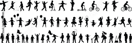 Children playing outdoors, kids riding scooters, jumping, running, holding balloons, cycling, skipping rope, silhouettes of happy active children, childhood fun, group activities