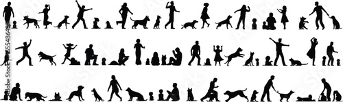 Children and dogs silhouette, kids playing with pets, family activities, walking, sitting, training, vector illustration, friendship, black isolated design