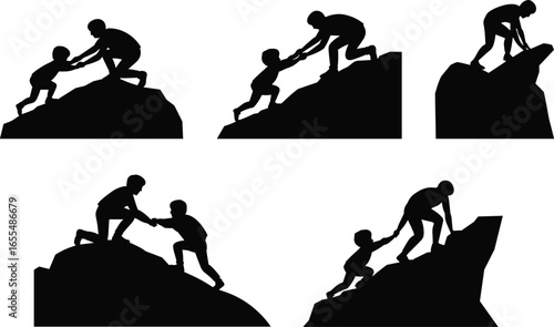 Silhouettes of two people climbing mountain, helping each other, teamwork, cooperation, assistance, overcoming obstacles, black figures, white background, outdoor adventure illustration