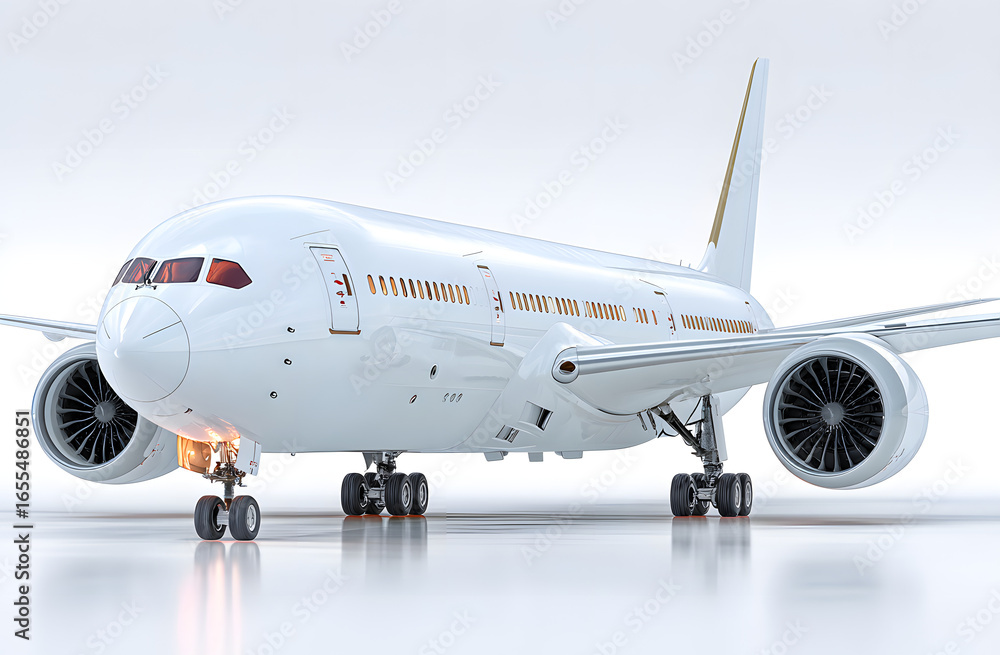 Fototapeta premium Side view of white passenger airplane on white background. Commercial airliner with jet engines for transportation and travel. Aircraft with wings, fuselage, tail ready for takeoff. 3D render model.