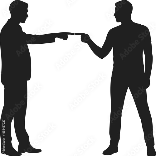 Silhouettes of two people facing each other, pointing fingers, casual clothing, confrontation, disagreement, interaction, communication, black figures, white background, stance variation