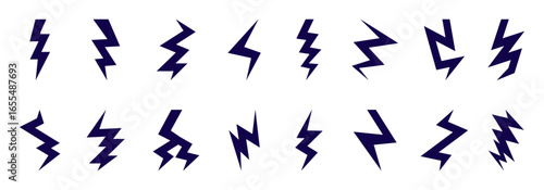 collection of stylized lightning bolt symbols in dark blue on a white background.