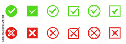 A collection of green checkmarks and red crosses displayed in various shapes such as circles and squares.