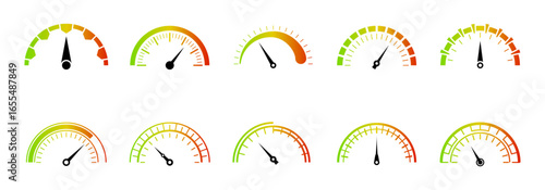 collection of twelve speedometer icons with varying levels of green, yellow, and red color gradients indicating different performance levels.