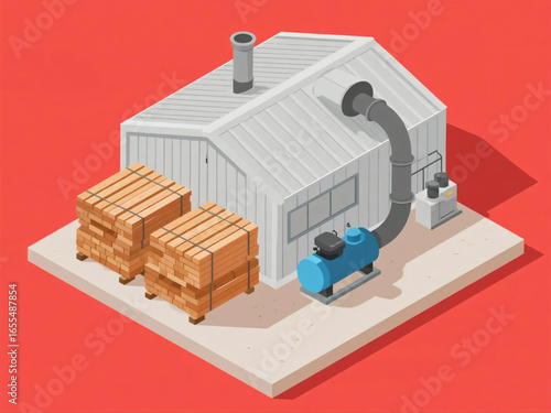 Vector isometric design of lumber drying kiln with stacked planks and industrial ventilation system