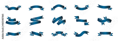 collection of fifteen blue ribbon banner designs suitable for various applications.