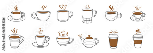 collection of line art illustrations depicting various types of hot coffee drinks served in different cups, mugs, and a to-go container.