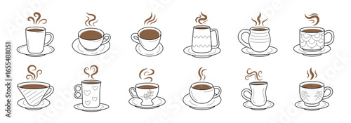 A collection of illustrated coffee cups showcasing diverse designs and styles served with saucers.