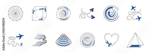 Set of abstract designs featuring geometric shapes and airplane flight paths, using blue and grey lines.