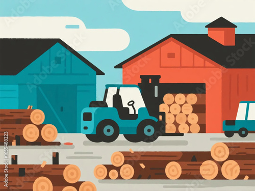 Vector flat design of timber yard with stacked logs, forklifts, and storage sheds