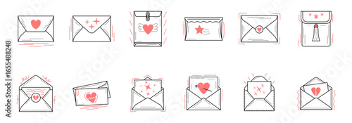 A set of cute, illustrated envelopes featuring hearts, stars, and other romantic designs.