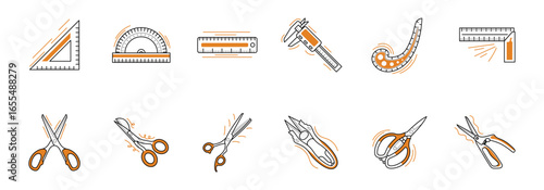various measuring tools and different types of scissors for diverse applications.