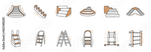 variety of stair and ladder designs including straight, curved, and stepladder styles.