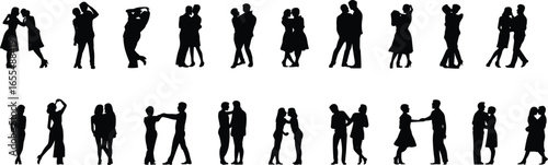 Couple silhouettes, romantic love, man and woman together, people in love, relationship illustration, dancing couples, romantic moment, intimate embrace, affection, passion