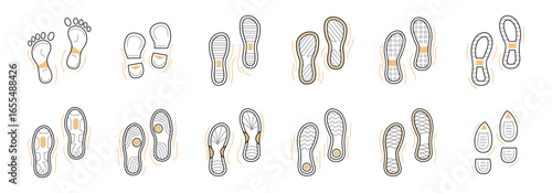 Collection of illustrated shoe and bare foot prints showing various tread patterns and styles.