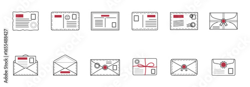 collection of twelve different line art icons depicting various types of mail and postal items.