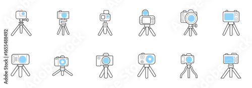 collection of diverse cameras, each positioned on a tripod, suggesting versatility in photography and videography.