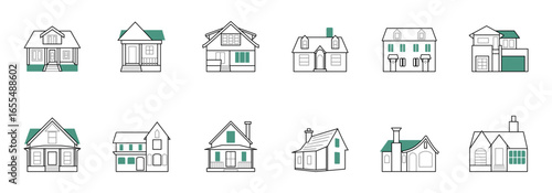 Set of different house exterior designs in a simple line art style.