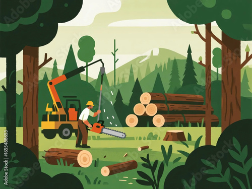 Vector flat design of logging site with lumberjacks cutting trees using chainsaws, trucks carrying logs, bright forest background