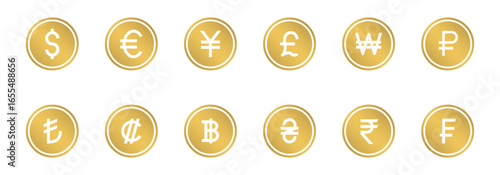 Set of gold coins each displaying a different world currency symbol.