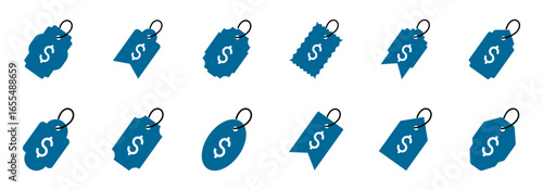 set of variations of blue price tags each featuring a dollar sign, illustrating diverse design options for cost representation.