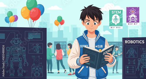 Enthusiastic student immersed in science book surrounded by robotics posters