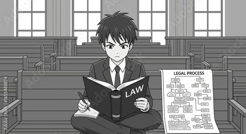 Dedicated law student engrossed in legal studies within a courtroom setting