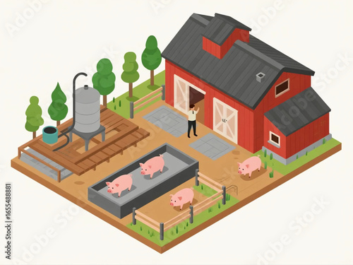 Vector isometric design of pig farm with barns, feeding stations, and pigs in different growth stages