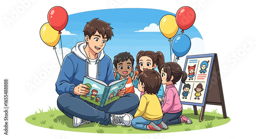 Illustration of a man reading to a group of children surrounded by balloons