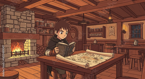 Animated young adventurer immersed in ancient texts and maps within cozy tavern