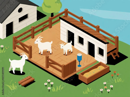 Vector illustration of goat farm with wooden pens, feeding troughs, and goats in various poses, flat modern style
