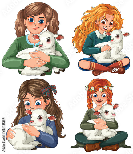 Young Girls Gently Holding White Lambs in Vector Art