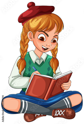 Scottish Schoolgirl Reading Book While Sitting Cross-Legged