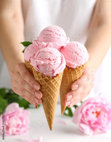 Pink Ice Cream Cones Held by Hands