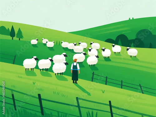 Vector flat design of sheep farm with shepherd, flock of sheep, and green rolling hills, bright rural scenery