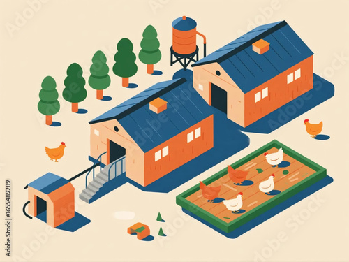 Vector flat design of poultry farm with rows of chicken coops, hens, and feeding systems, clean and colorful